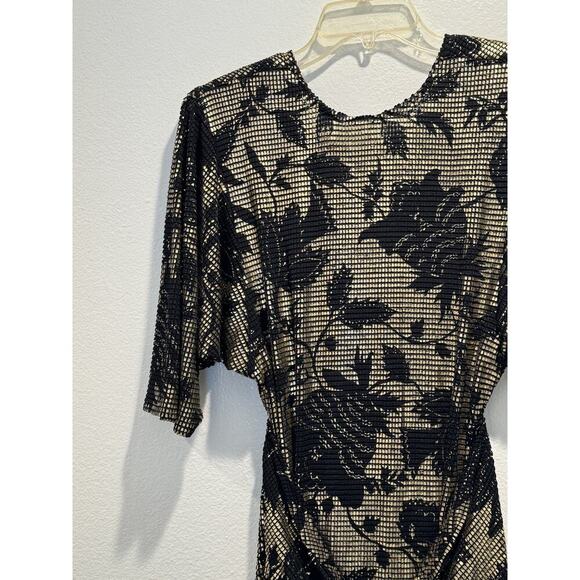 Vintage Janine Medium Gold Black Floral Cocktail Dress Open Back Mosaic Retro - Picture 3 of 16